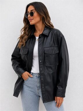 ZARA Faux Leather Utility Jacket Women's L Black 4 Pocket Overshirt